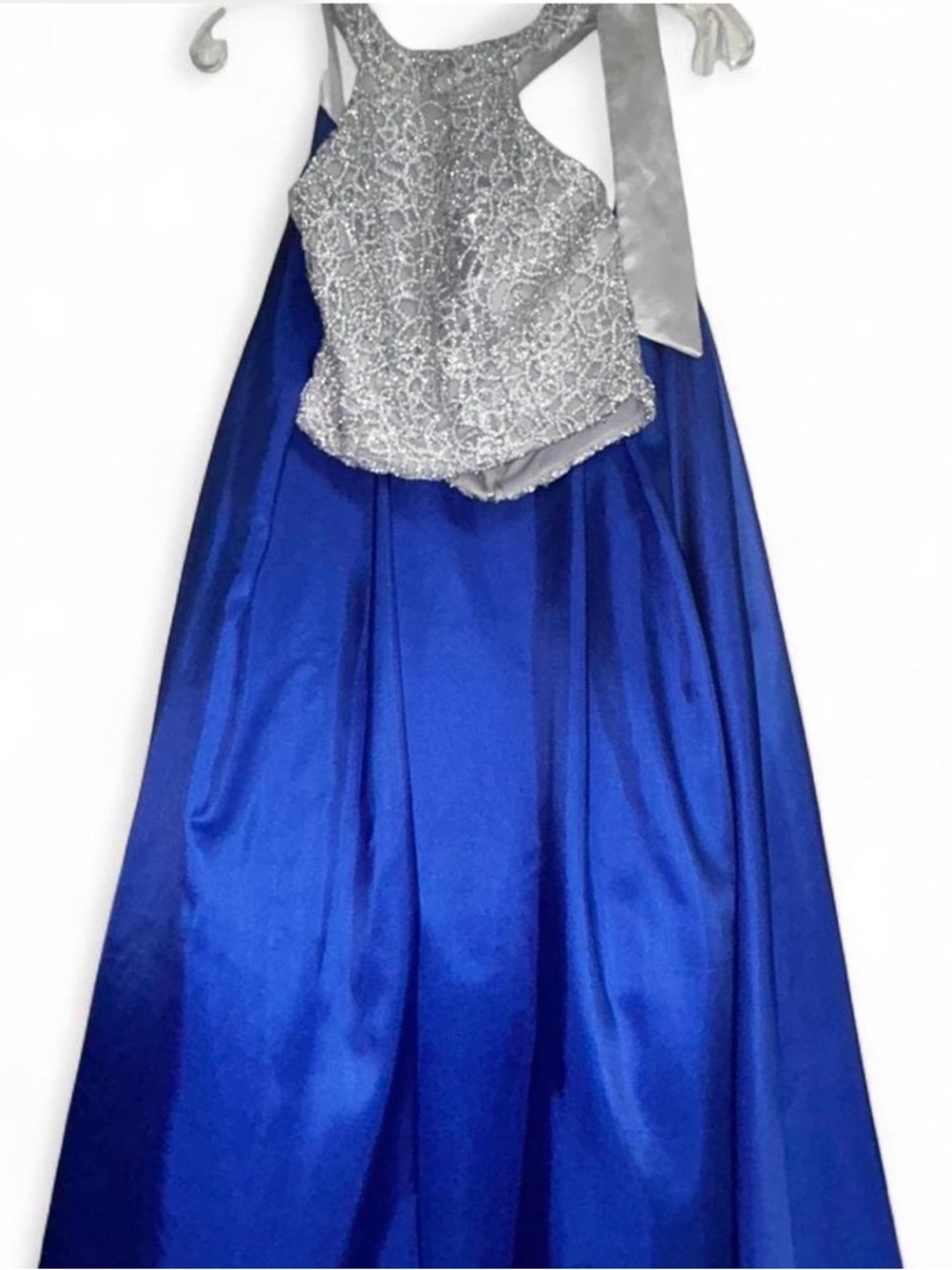 Royal Blue Satin Gown with Silver Beaded Bodice